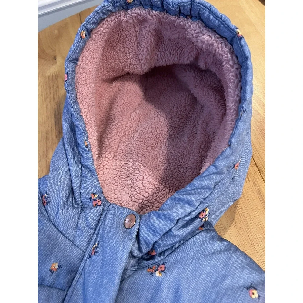 Oshkosh B'Gosh Girls 10 Blue Floral Hooded Puffer Jacket-Fleece Lined-Outdoor